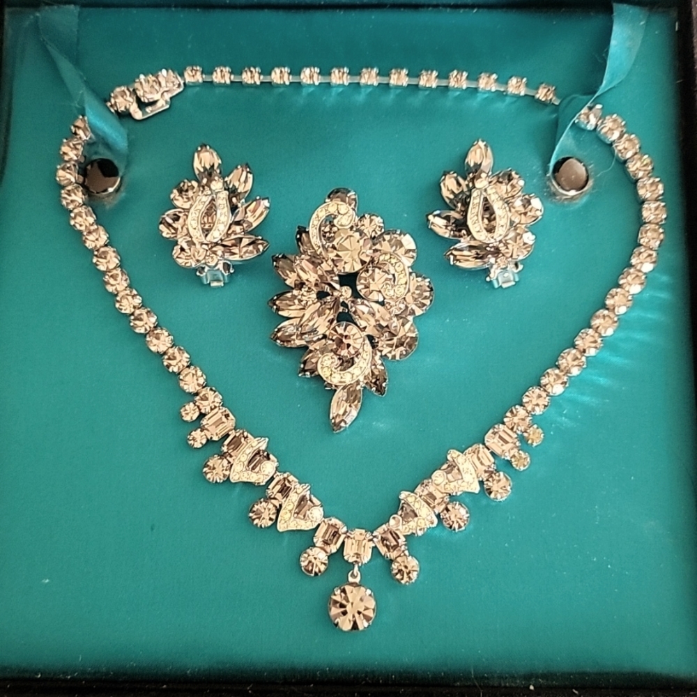 Vintage Weiss Parure Smokey Quartz Necklace Brooch Earrings